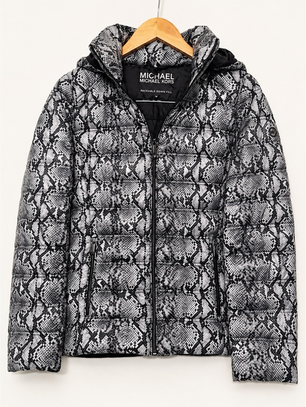 NWOT MICHAEL Michael Kors Snake Print Packable Down Puffer Jacket Size M